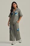 Buy_Neetiandmudita_Gray Cotton Sequins Collared Pocket Theory Pant Co-ord Set _at_Aza_Fashions