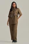 Buy_Neetiandmudita_Olive Green Cotton Sequins Collared Ruffle Glimmer Pant Co-ord Set _at_Aza_Fashions
