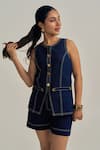 Neetiandmudita_Blue Denim Round Neck Sunchaser Shorts Co-ord Set _at_Aza_Fashions