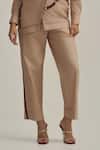 Neetiandmudita Brown Cotton Collared Twill Trim Pant Co-ord Set Online at Aza Fashions Neetiandmudita_Brown Cotton Collared Twill Trim Pant Co-ord Set _Online_at_Aza_Fashions