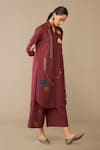 Ampm_Red Poplin Embroidery Collared Parisa Tunic Pant Set _Online_at_Aza_Fashions