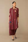 Buy_Ampm_Red Poplin Embroidery Collared Parisa Tunic Pant Set _at_Aza_Fashions