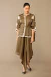 Buy_Ampm_Taupe Satin, Organza Round Neck Refa Draped Skirt Set _at_Aza_Fashions