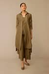 Buy_Ampm_Taupe Chanderi Collared, Round Neck Kasra Jacket Kurta Set _at_Aza_Fashions