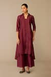 Buy_Ampm_Burgundy Chanderi Collared Kasra Jacket Pant Set _at_Aza_Fashions