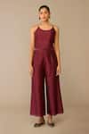 Shop_Ampm_Burgundy Chanderi Collared Kasra Jacket Pant Set 