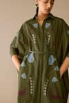 Ampm_Olive Green Poplin Embroidery Collared Viola Dress _Online_at_Aza_Fashions