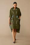 Shop_Ampm_Olive Green Poplin Embroidery Collared Viola Dress _Online_at_Aza_Fashions