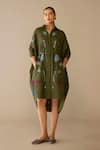 Ampm_Olive Green Poplin Embroidery Collared Viola Dress _at_Aza_Fashions