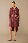 Buy_Ampm_Red Poplin Embroidery Collared Viola Dress _Online_at_Aza_Fashions