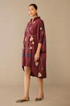 Ampm_Red Poplin Embroidery Collared Viola Dress _at_Aza_Fashions