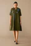 Shop_Ampm_Olive Green Chanderi Embroidery Round , Open Atara Dress With Jacket _Online_at_Aza_Fashions