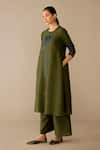 Buy_Ampm_Olive Green Chanderi Embroidery Round Neck Samreen Kurta Set _Online_at_Aza_Fashions