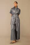 Shop_Ampm_Gray Shawl Neck Shiri Top And Pant Set _Online_at_Aza_Fashions