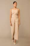 Ampm_Beige Chanderi Embroidery Collared, Round Neck Sarai Shirt Pant Set _Online_at_Aza_Fashions