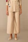 Buy_Ampm_Beige Chanderi Embroidery Collared, Round Neck Sarai Shirt Pant Set _Online_at_Aza_Fashions