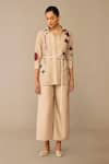 Shop_Ampm_Beige Chanderi Embroidery Collared, Round Neck Sarai Shirt Pant Set _Online_at_Aza_Fashions