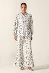 House Of Zeniaa_White Cotton Embroidery Collared Floral Print Schiffli Sage Set _Online_at_Aza_Fashions