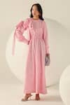 Buy_House Of Zeniaa_Pink Cotton Sequins Round Neck Amelia Striped Maxi Dress _at_Aza_Fashions