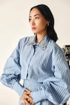 House Of Zeniaa_Blue Cotton Collared Daphne Striped Oversized Shirt _at_Aza_Fashions