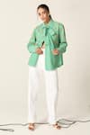 House Of Zeniaa_Green Cotton Embroidery Collared Ava Mint Striped Bow Tie Shirt _Online_at_Aza_Fashions