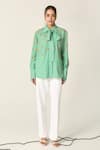 Shop_House Of Zeniaa_Green Cotton Embroidery Collared Ava Mint Striped Bow Tie Shirt _Online_at_Aza_Fashions