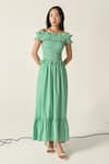 Buy_House Of Zeniaa_Green Cotton Ruffles Off-shoulder Pastel Striped Smocked Donna Dress _at_Aza_Fashions