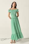 House Of Zeniaa_Green Cotton Ruffles Off-shoulder Pastel Striped Smocked Donna Dress _Online_at_Aza_Fashions