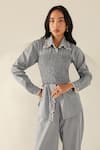 House Of Zeniaa_Blue Cotton Pearls Square Neck Checks Carrie Pant Set _at_Aza_Fashions