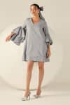 House Of Zeniaa_Blue Cotton Embroidery V-neck Leah Gingham Flared Sleeve Mini Dress _Online_at_Aza_Fashions