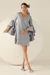 Buy_House Of Zeniaa_Blue Cotton Embroidery V-neck Leah Gingham Flared Sleeve Mini Dress _at_Aza_Fashions