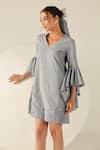 Shop_House Of Zeniaa_Blue Cotton Embroidery V-neck Leah Gingham Flared Sleeve Mini Dress _Online_at_Aza_Fashions