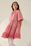 House Of Zeniaa_Red Cotton Ruffles Round Neck Emily Gingham Dress _Online_at_Aza_Fashions