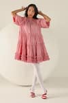 House Of Zeniaa_Red Cotton Ruffles Round Neck Emily Gingham Dress _at_Aza_Fashions