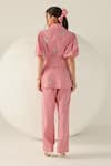 Shop_House Of Zeniaa_Red Cotton Embroidery V-neck Gingham Riley Pant Set _at_Aza_Fashions