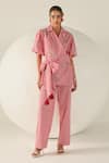 Buy_House Of Zeniaa_Red Cotton Embroidery V-neck Gingham Riley Pant Set _at_Aza_Fashions