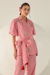 Buy_House Of Zeniaa_Red Cotton Embroidery, Tassels V-neck Riley And White Checkered Wrap Top _Online_at_Aza_Fashions