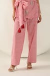 Shop_House Of Zeniaa_Red Cotton Embroidery, Tassels V-neck Riley And White Checkered Wrap Top _Online_at_Aza_Fashions