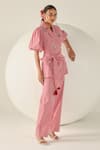 Buy_House Of Zeniaa_Red Cotton Embroidery, Tassels V-neck Riley And White Checkered Wrap Top _at_Aza_Fashions