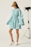 House Of Zeniaa_Green Cotton Round Neck Betty Checkered Layered Bell Sleeve Dress _Online_at_Aza_Fashions