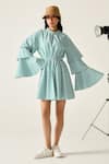 Buy_House Of Zeniaa_Green Cotton Round Neck Betty Checkered Layered Bell Sleeve Dress _at_Aza_Fashions