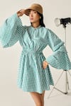 Shop_House Of Zeniaa_Green Cotton Round Neck Betty Checkered Layered Bell Sleeve Dress _Online_at_Aza_Fashions