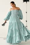 Buy_House Of Zeniaa_Green Cotton Off-shoulder Beth Gingham Maxi Dress _at_Aza_Fashions