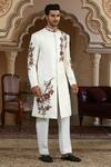 Shop_Kudrat Couture_White Jacquard Embroidery, Zari, Sequins, Pearls Rajphool Hand Sherwani Set _Online_at_Aza_Fashions