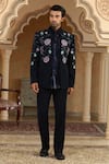 Buy_Kudrat Couture_Navy Viscose, Organza Pearls, Crystals, Cut Work, Van Raj Short Bandhgala Set _at_Aza_Fashions