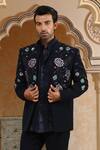 Kudrat Couture_Navy Viscose, Organza Pearls, Crystals, Cut Work, Van Raj Short Bandhgala Set _at_Aza_Fashions