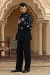 Buy_Kudrat Couture_Navy Viscose, Organza Pearls, Crystals, Cut Work, Van Raj Short Bandhgala Set 