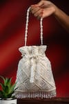 Shop_Nayaab By Sonia_White Embroidery, Pearls, Crystals Criss Cross Potli _at_Aza_Fashions