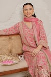 Nemaani_Pink Modal, Cotton Gota Patti, Mirrors V-neck Saanjh Hand Block Print Kurta Set _at_Aza_Fashions