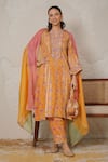 Buy_Nemaani_Yellow Modal, Cotton Gota Patti, Mirrors Split Meher Hand Block Print Kurta Set _at_Aza_Fashions